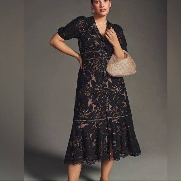 Anthropologie black lace button front dress Sz 4P New - Picture 3 of 7